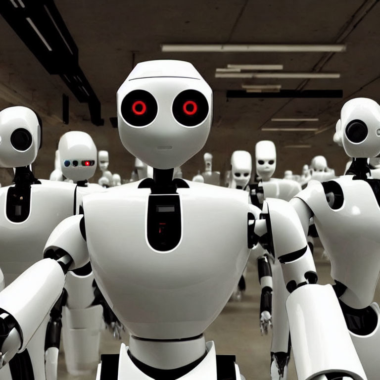 White humanoid robots with glowing red eyes in dimly lit room