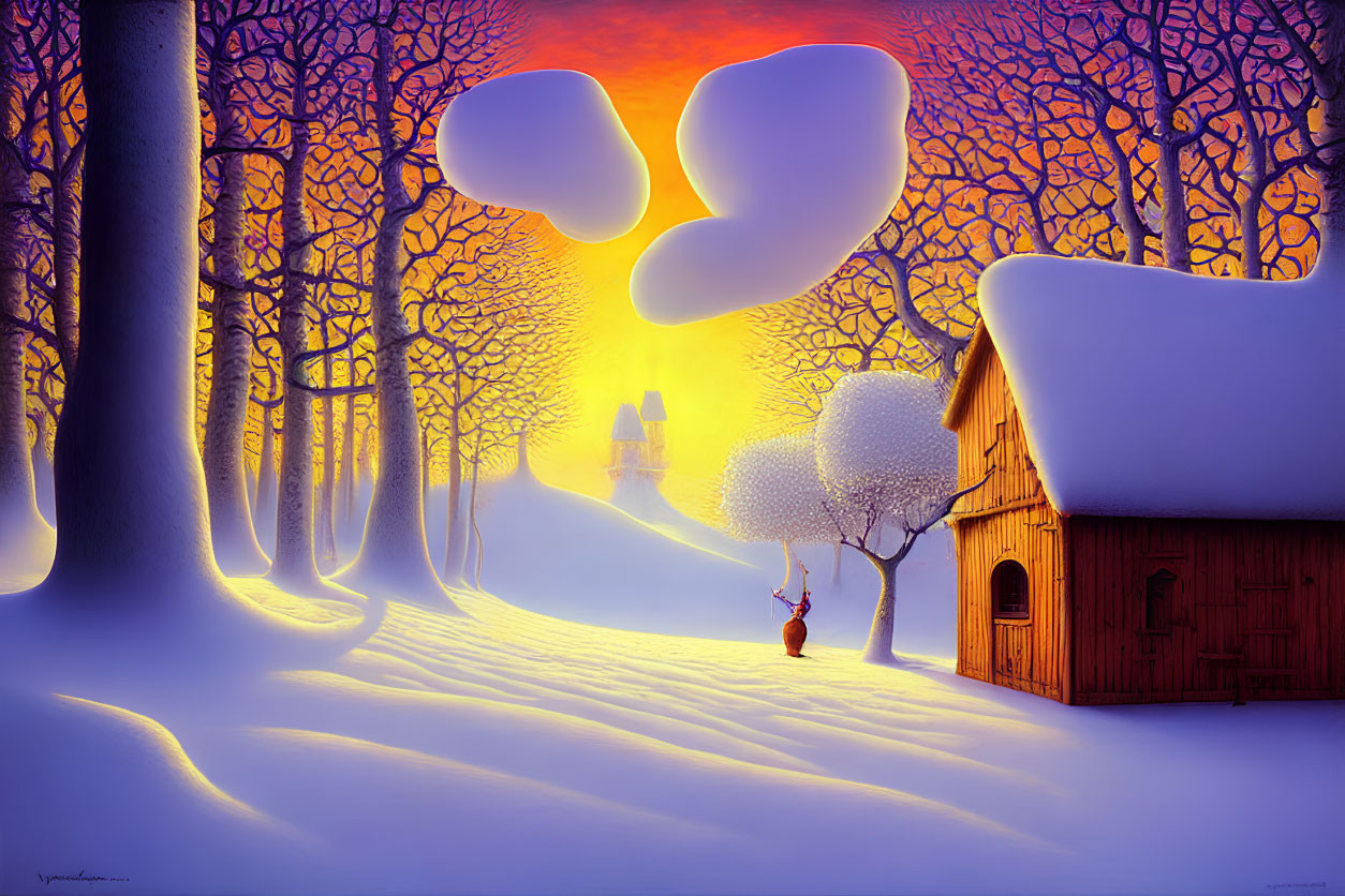 Winter sunset with cozy cottage, figure, snow, and intricate trees.