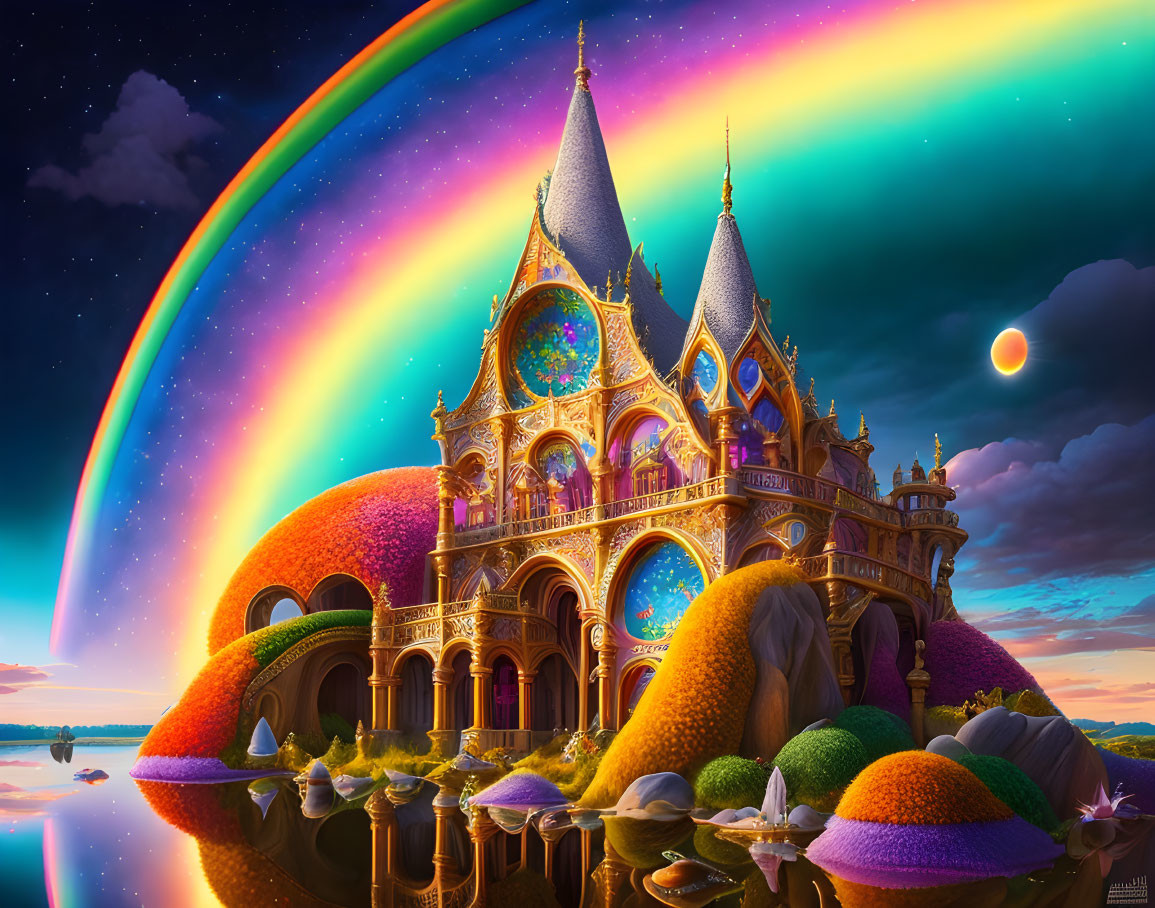 Colorful Castle Under Rainbow in Surreal Landscape