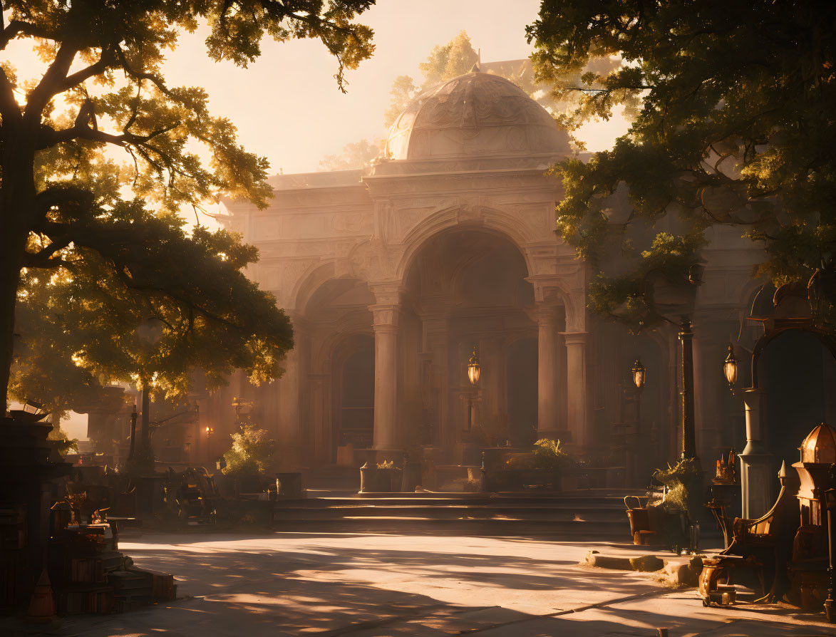 Majestic courtyard with classical arches and dome in sunlight