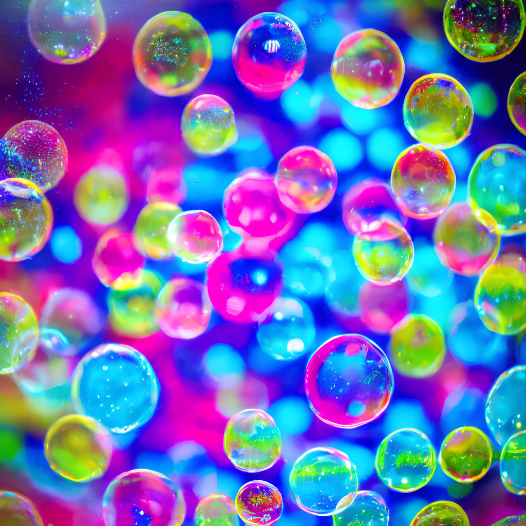 Vibrant translucent soap bubbles with blue, pink, and purple bokeh background