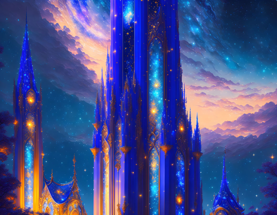 Fantastical cityscape with glowing blue spires under starry dusk sky