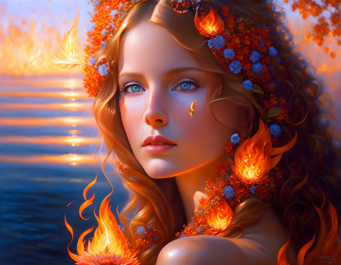 Woman with floral and fiery crown in serene sunset ambiance