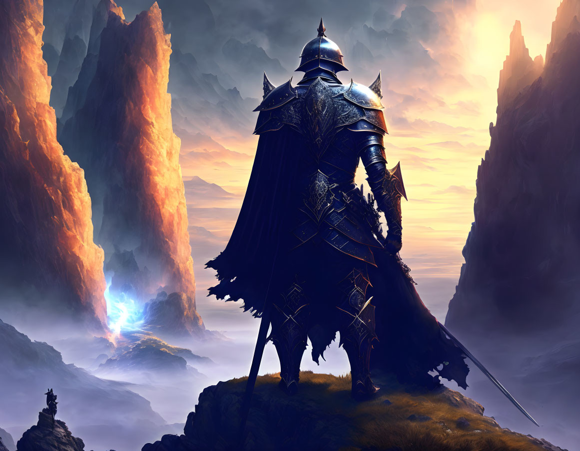 Armored Knight in Mystical Landscape with Glowing Blue Light