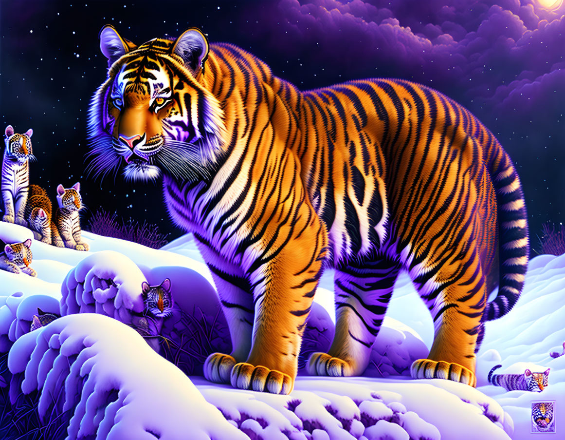 Illustration of tiger in snowy night landscape with hidden smaller tigers under starry sky