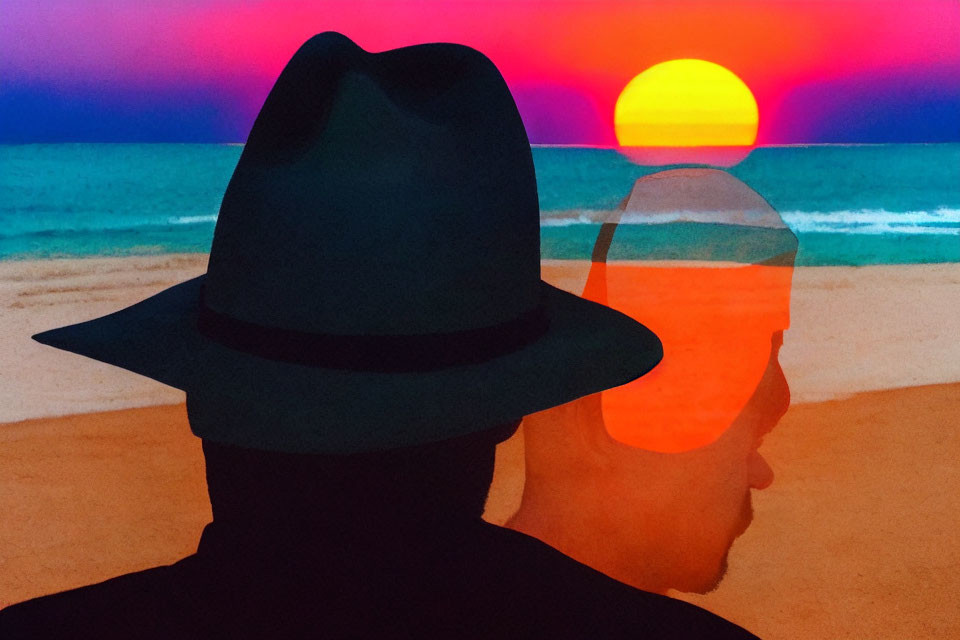 Silhouette of Person in Hat at Beach Sunset Reflecting on Water