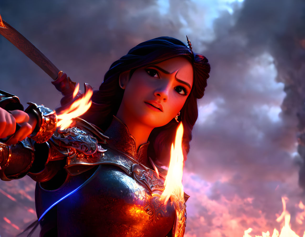 Female warrior in ornate armor wields flaming sword under dramatic sky