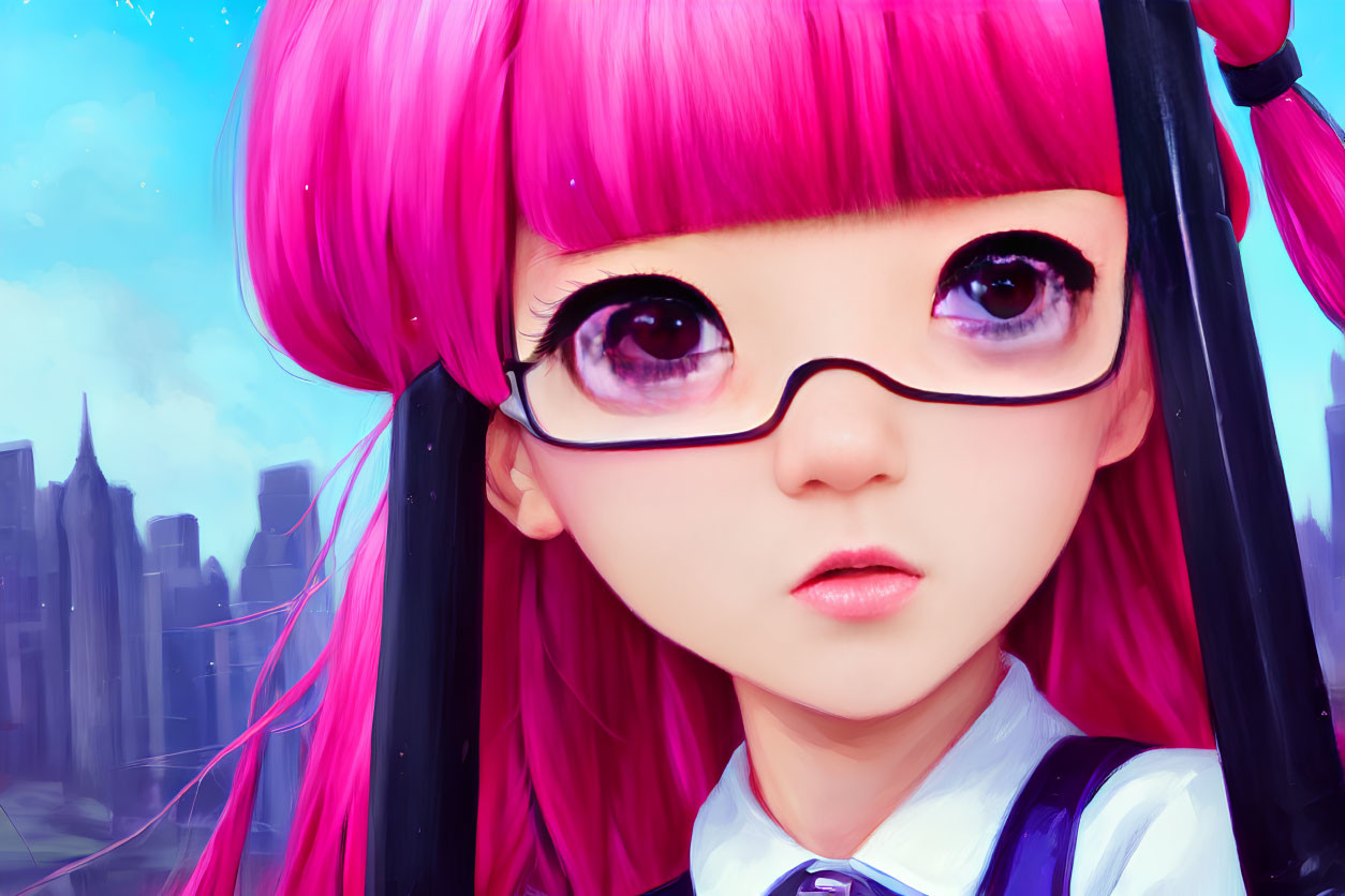 Vibrant pink-haired girl in glasses and school uniform against cityscape.