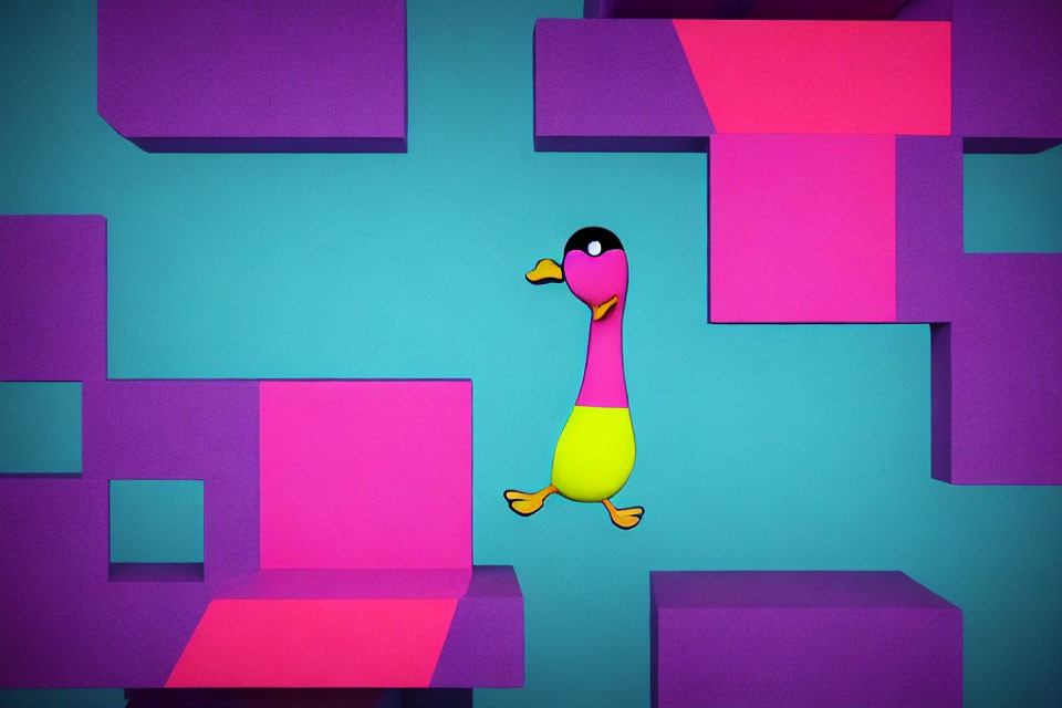 Colorful Cartoon Duck Surrounded by 3D Geometric Shapes