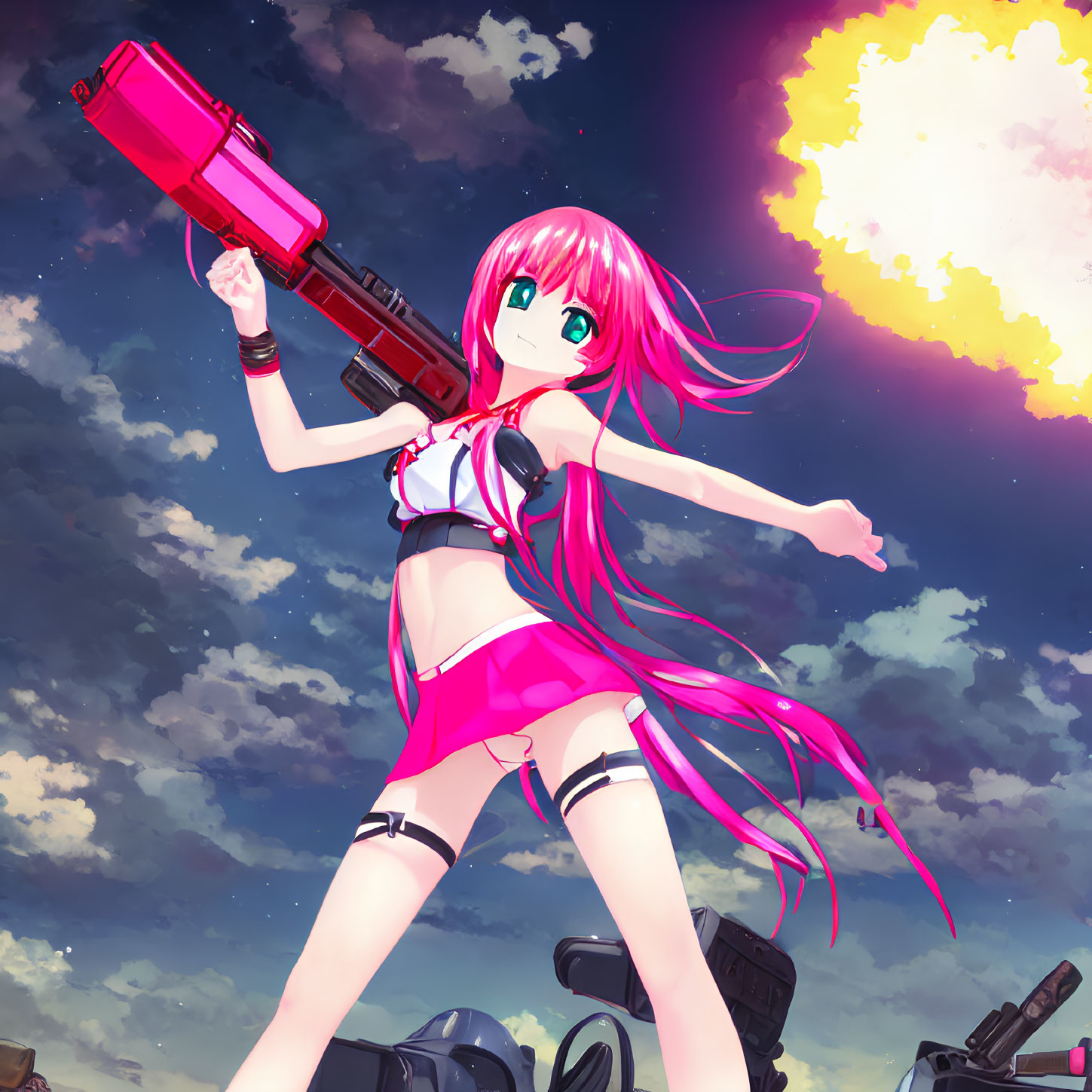 Pink-haired anime girl with rocket launcher in hand, set against cloudy sky and explosion.