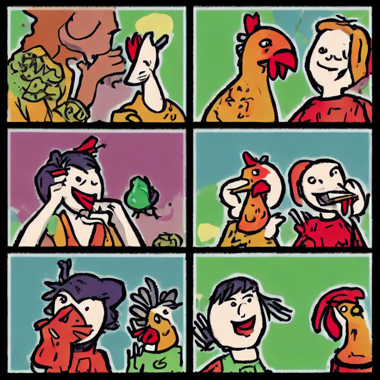 Vibrant Cartoon Grid: People and Chicken Interactions in Eight Comical Scenes