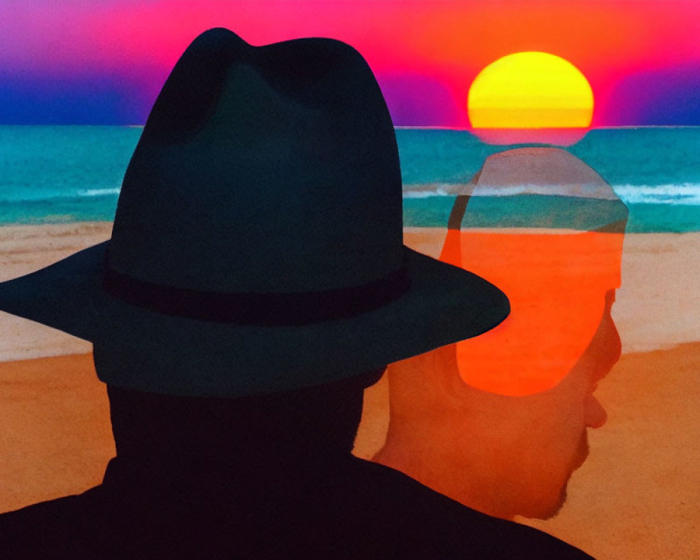 Silhouette of Person in Hat at Beach Sunset Reflecting on Water