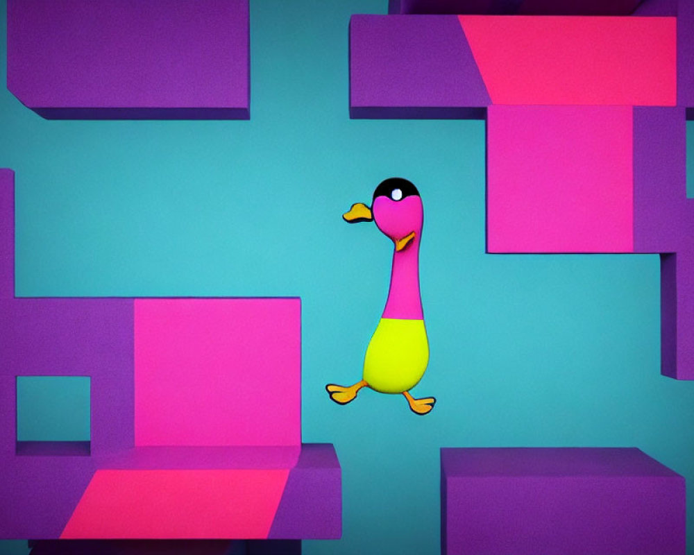 Colorful Cartoon Duck Surrounded by 3D Geometric Shapes