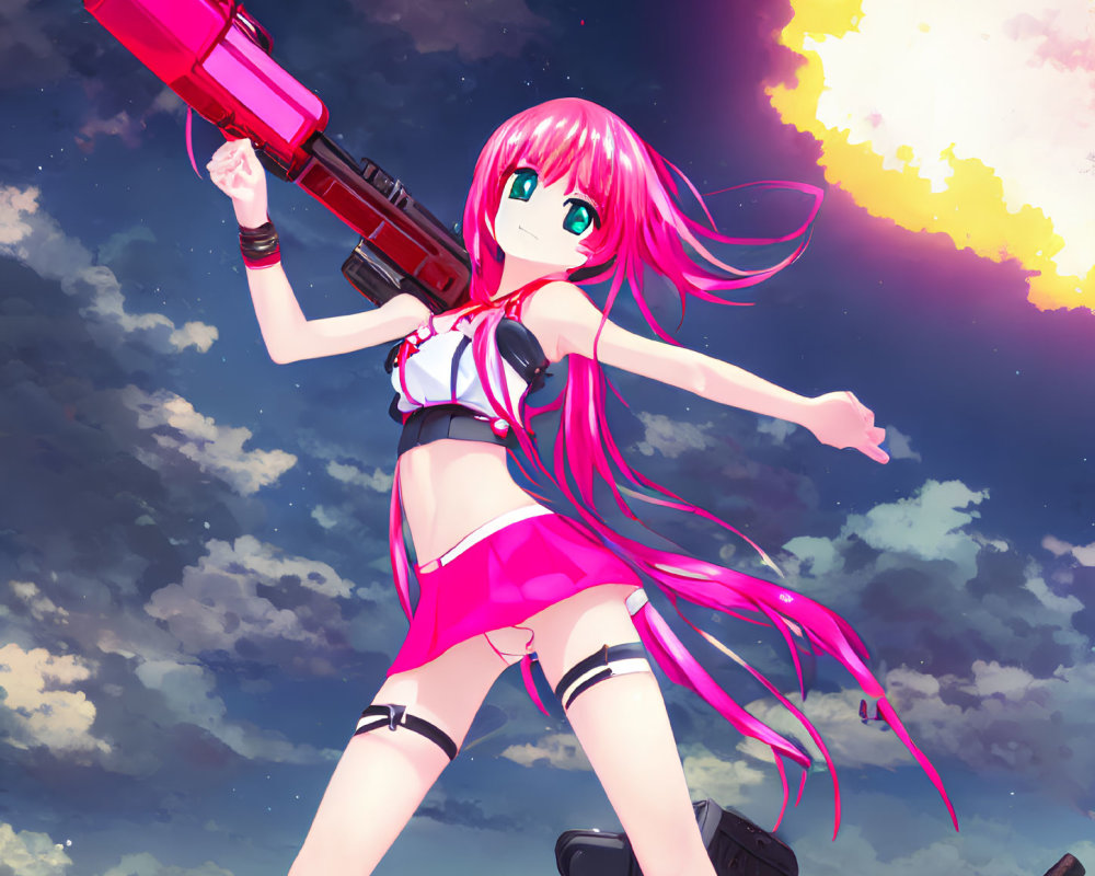 Pink-haired anime girl with rocket launcher in hand, set against cloudy sky and explosion.