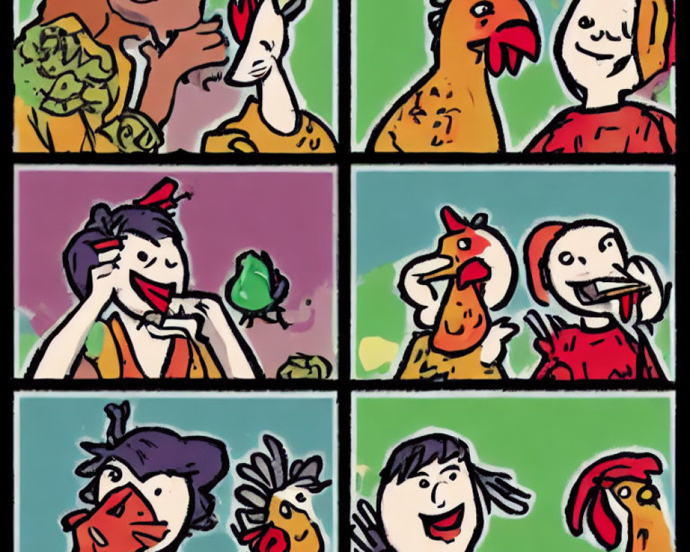 Vibrant Cartoon Grid: People and Chicken Interactions in Eight Comical Scenes