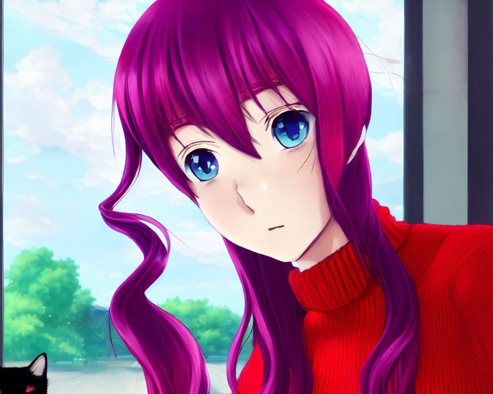 Digital Illustration: Girl with Purple Hair, Blue Eyes, Red Turtleneck, Black Cat,