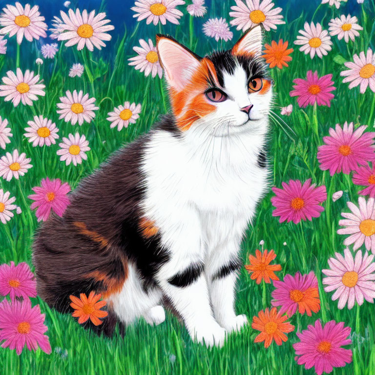 Calico Cat with Orange, Black, and White Fur in Field of Green Grass and Pink Dais