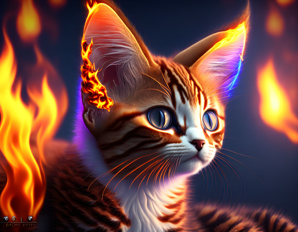 Orange Tabby Kitten Digital Artwork with Flaming Ears and Blue Accents