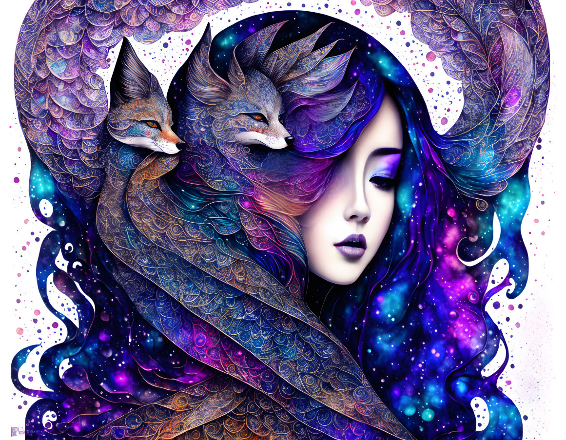 Colorful artwork: Woman's face with foxes in celestial hair