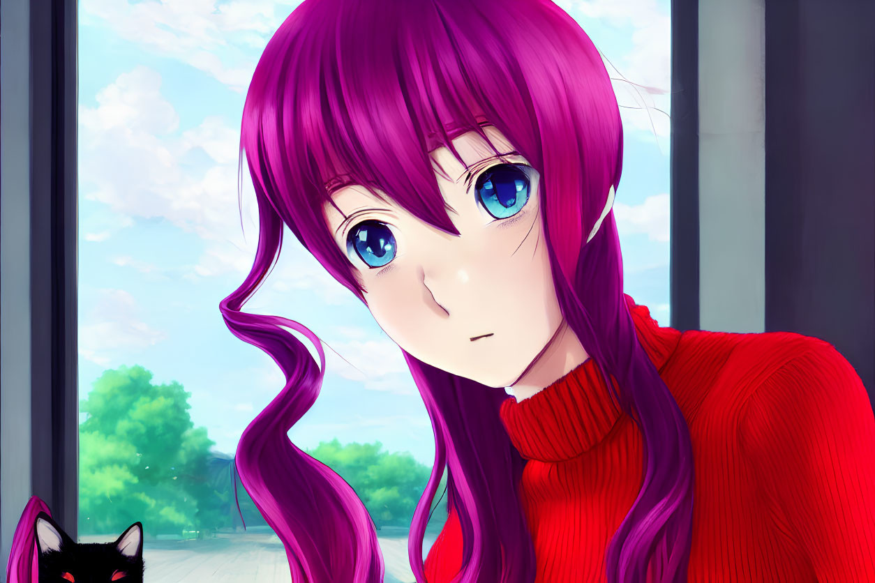 Digital Illustration: Girl with Purple Hair, Blue Eyes, Red Turtleneck, Black Cat,