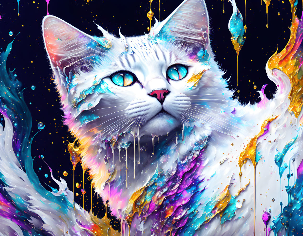 Colorful digital artwork: White cat with blue eyes in paint splatter scene