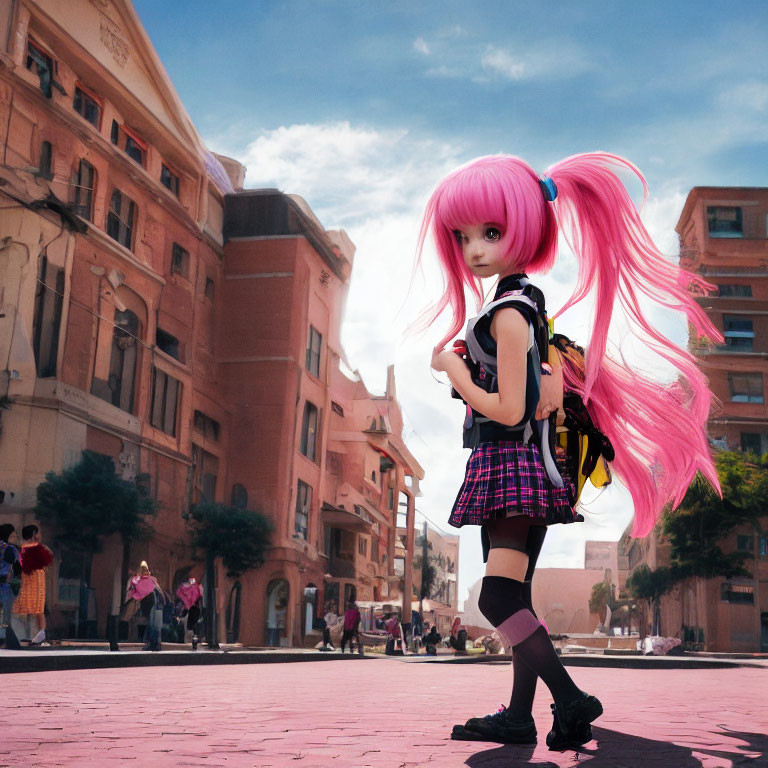 Bright Pink-Haired Girl in Pigtails Walking on City Brick Pathway