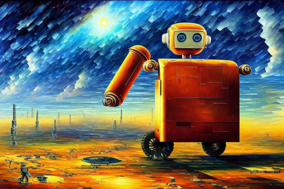 Colorful Illustration: Box-shaped orange robot in alien landscape