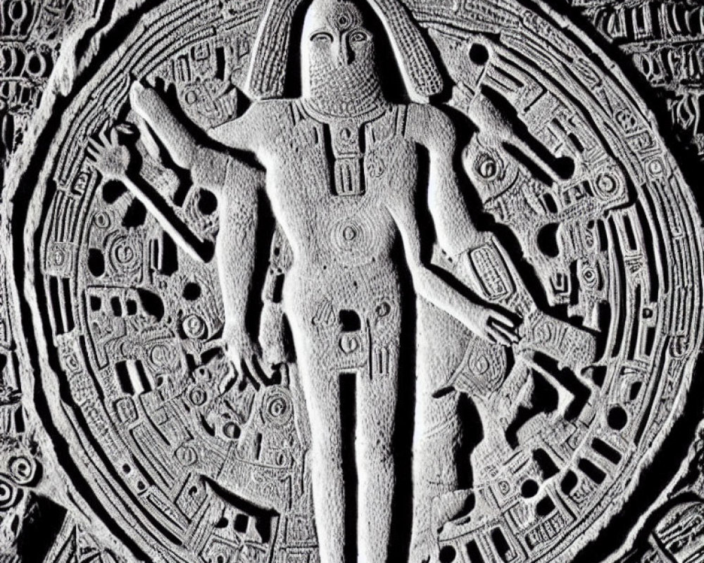 Aztec Stone Relief Depicting Deity with Circular Designs