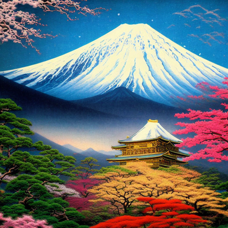 Scenic Mount Fuji with Pagoda and Cherry Blossoms in Full Bloom