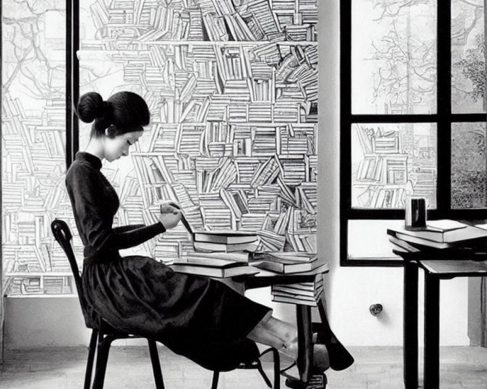 Woman writing at desk with artistic book depictions on walls