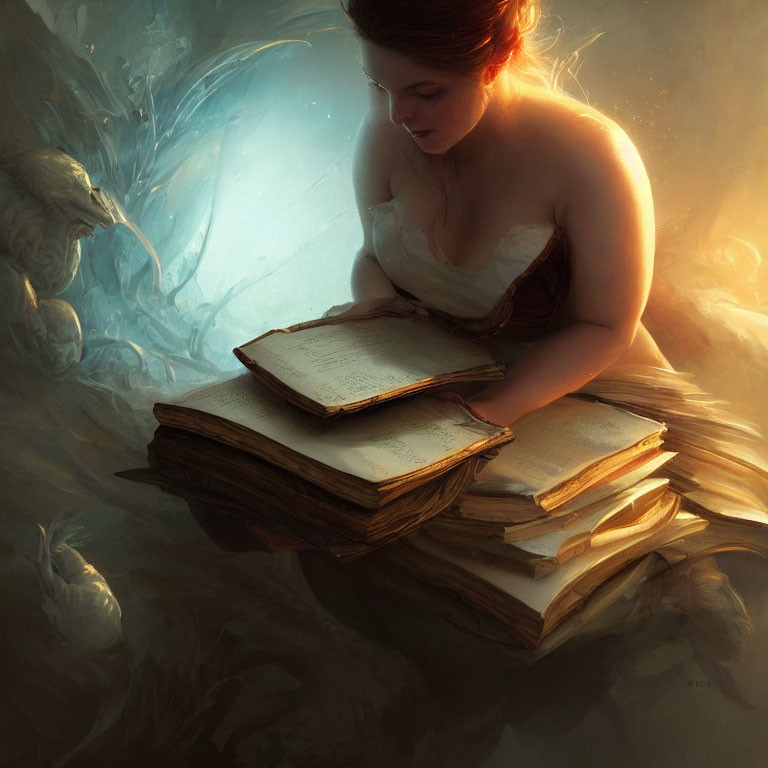 Woman reading old book in magical fantasy setting