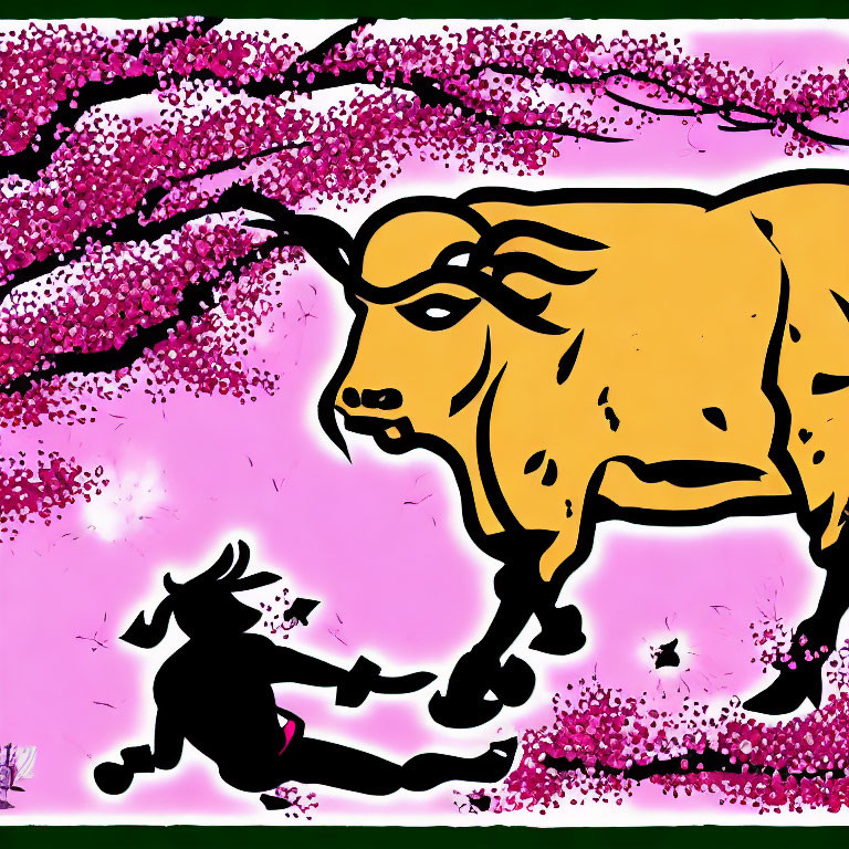 Golden bull and cherry blossom tree illustration on pink background