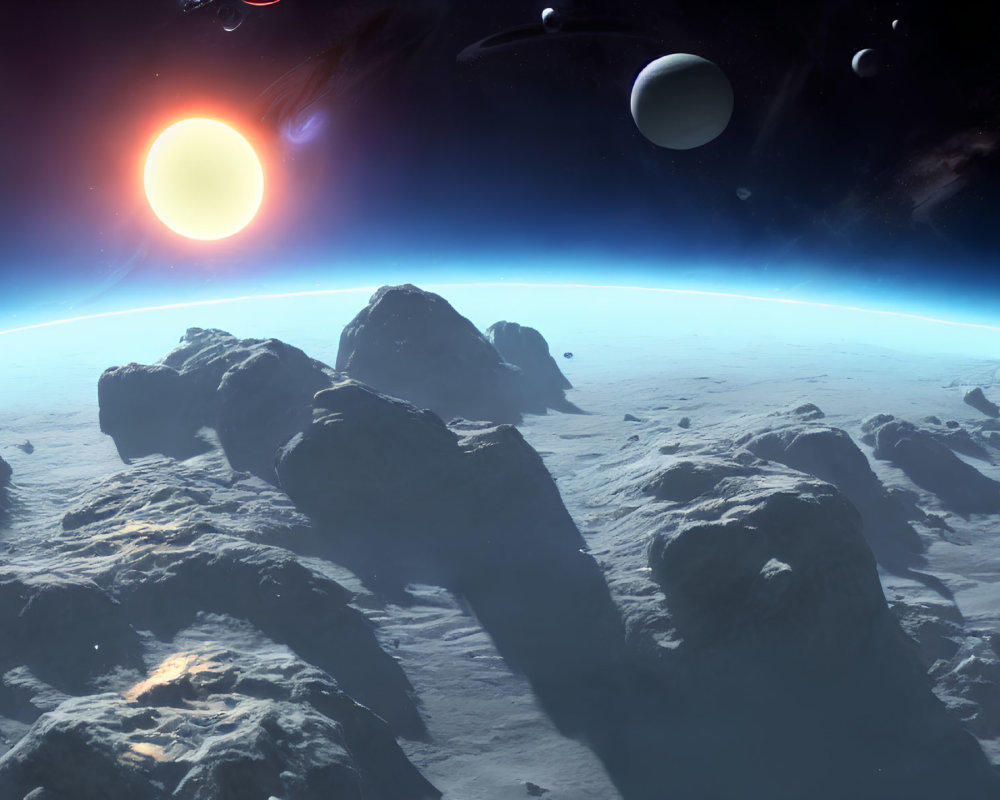 Surreal space landscape with rocky terrain, sun, planets, and starry sky viewed from celestial