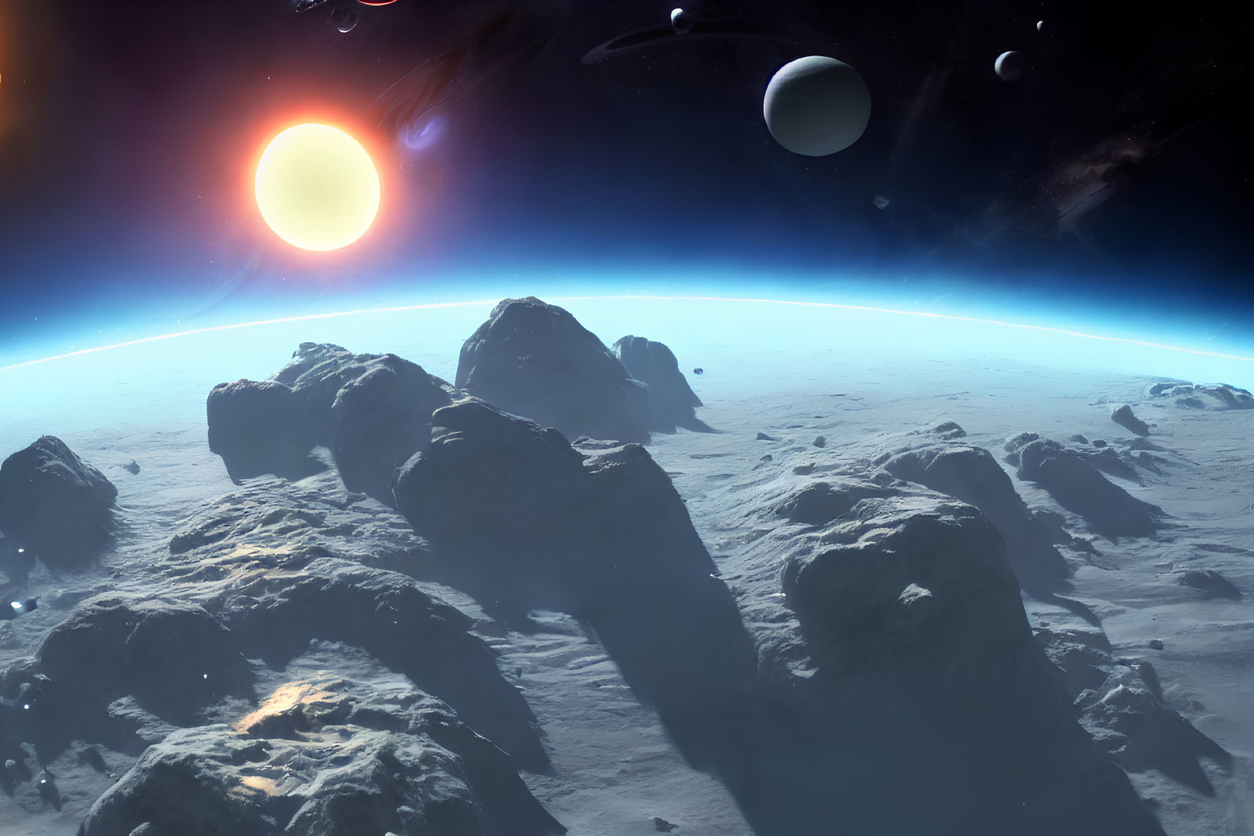 Surreal space landscape with rocky terrain, sun, planets, and starry sky viewed from celestial