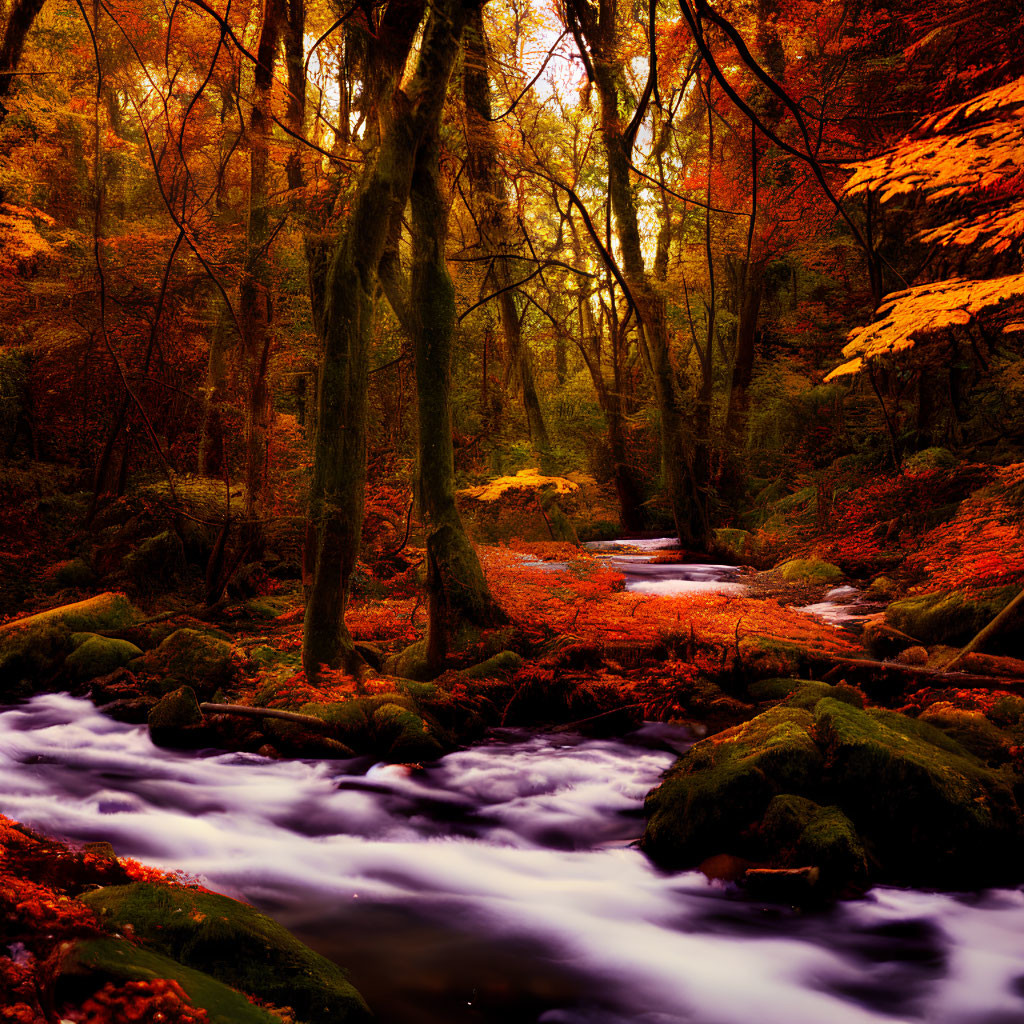 Tranquil Autumn Forest Scene with River and Colorful Foliage