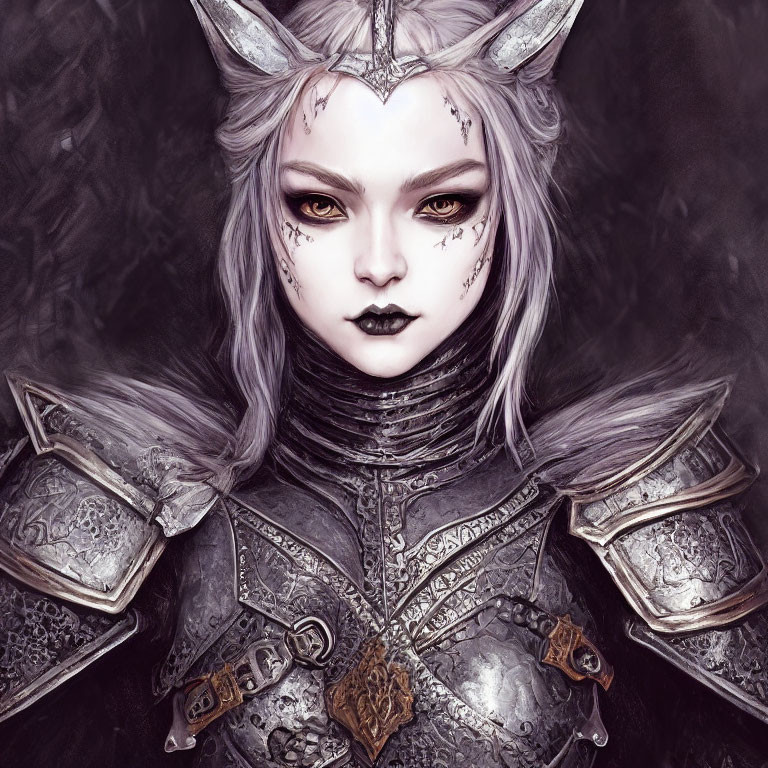 Illustrated female character in silver armor with fox-like helmet