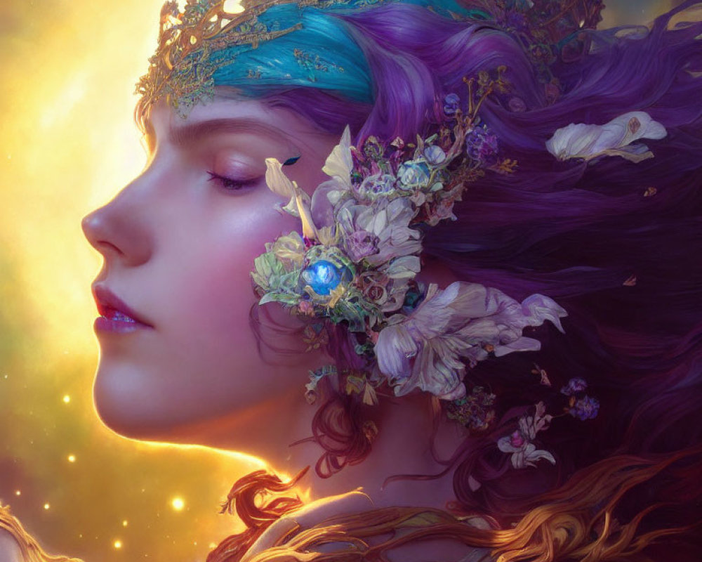 Profile portrait of woman with purple hair, crown, and flowers against warm backdrop