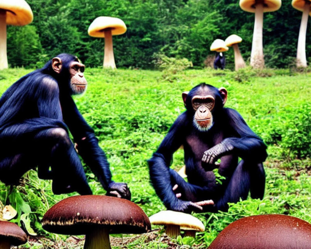 Chimpanzees Among Oversized Mushrooms in Green Environment