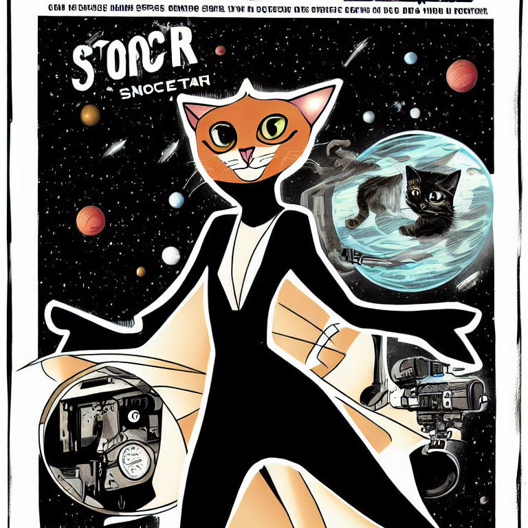 Illustration of humanoid figure with cat head in space holding cat and blaster