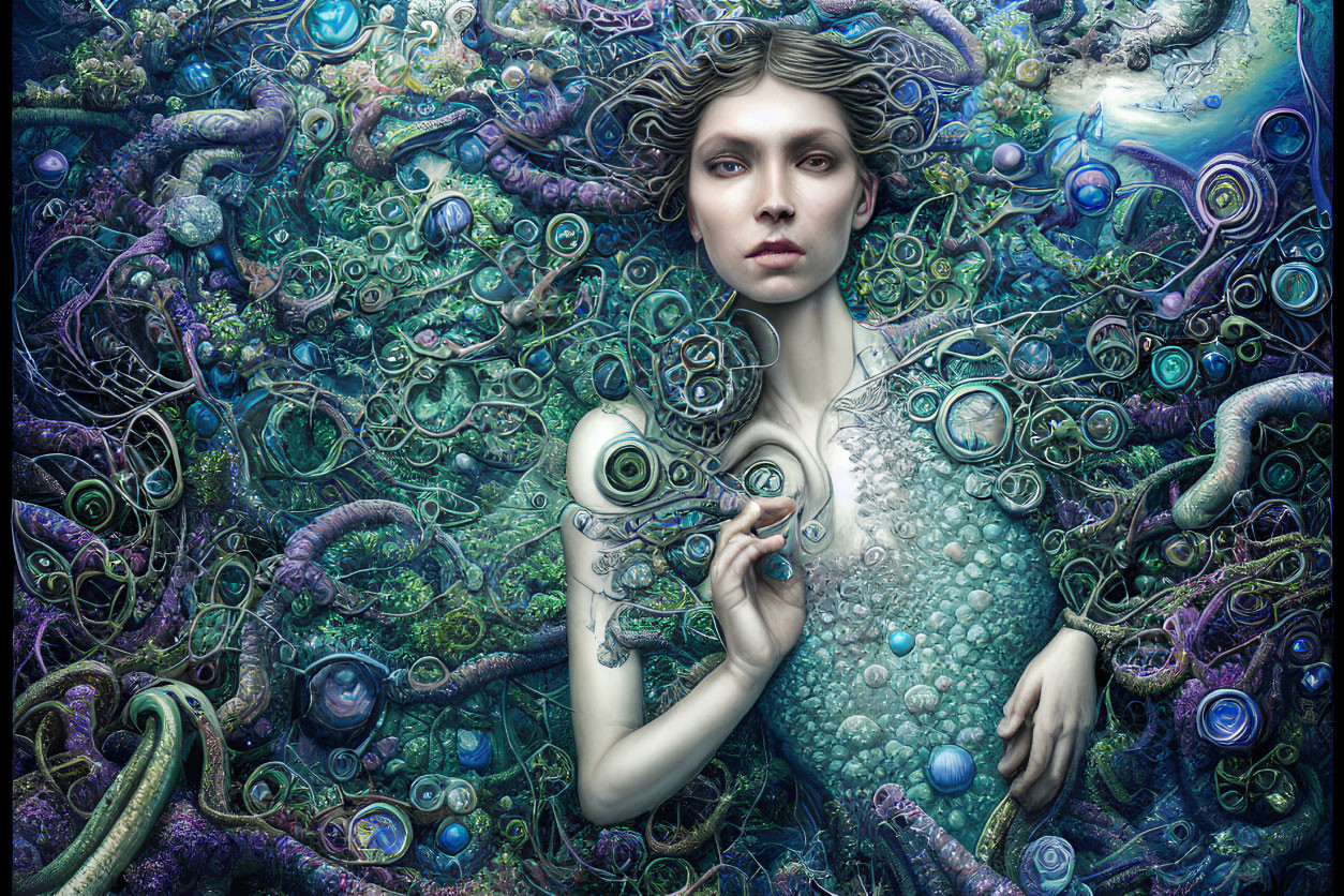 Colorful surreal portrait of a woman in marine life tapestry