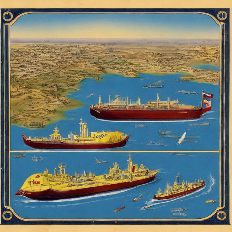 Detailed aerial view of waterway with cargo ships and surrounding infrastructure.
