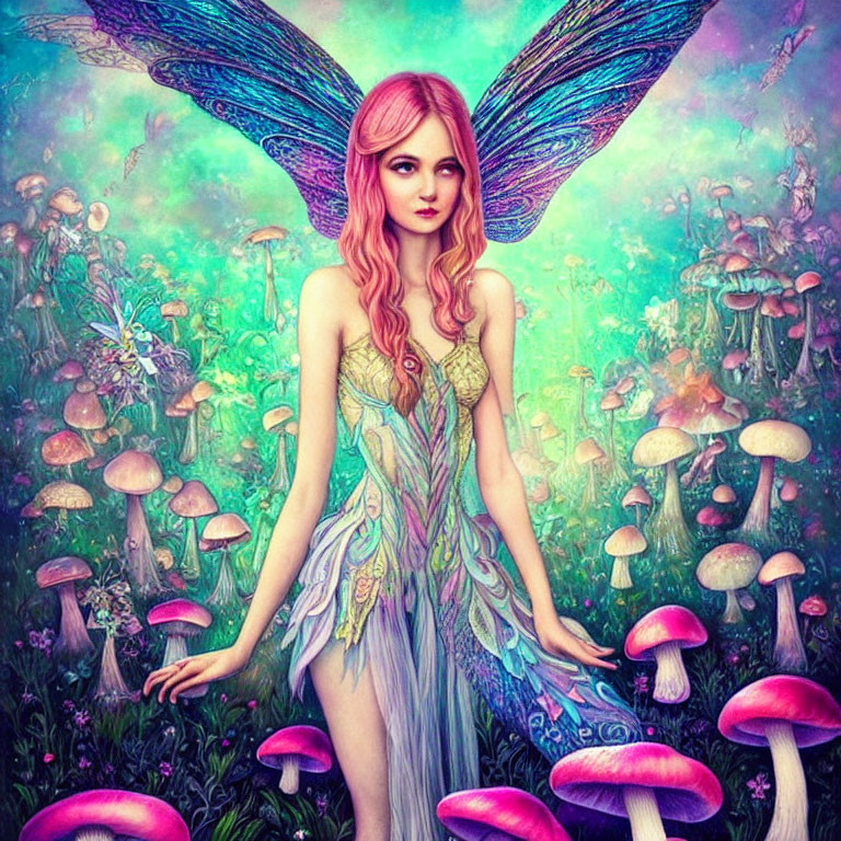 Fantastical fairy with iridescent wings in vibrant mushroom landscape