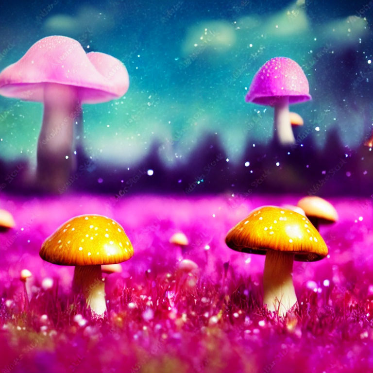 Colorful mushrooms in neon pink grass with starry sky