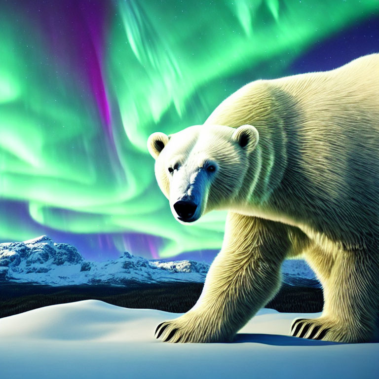 Polar bear under vibrant aurora borealis and snowy landscape