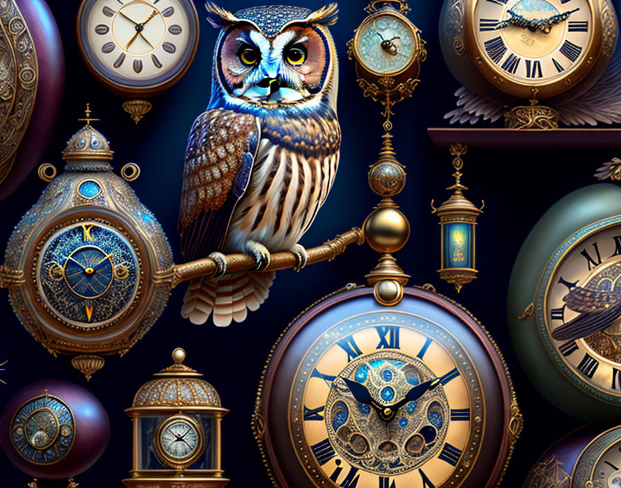 Clock-themed owl surrounded by antique clocks on dark background