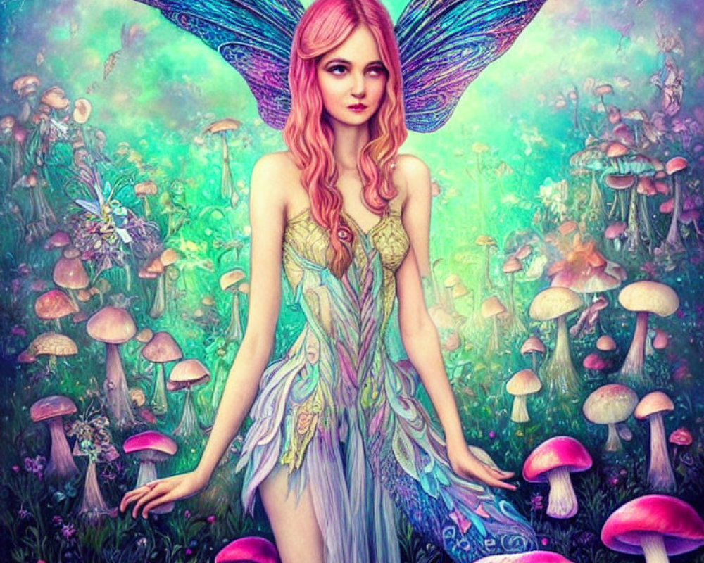Fantastical fairy with iridescent wings in vibrant mushroom landscape