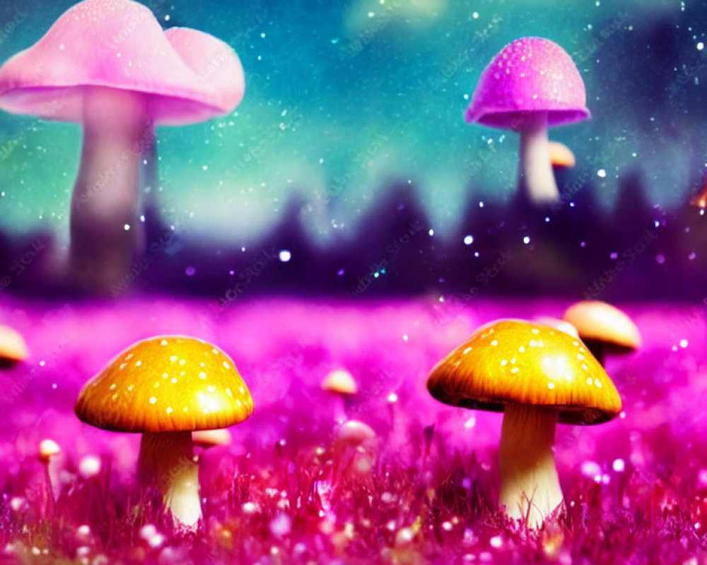 Colorful mushrooms in neon pink grass with starry sky