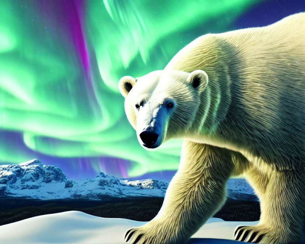 Polar bear under vibrant aurora borealis and snowy landscape