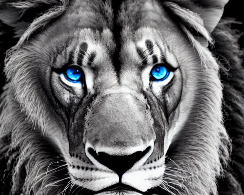 Digitally manipulated image: Lion with blue eyes and human-like features