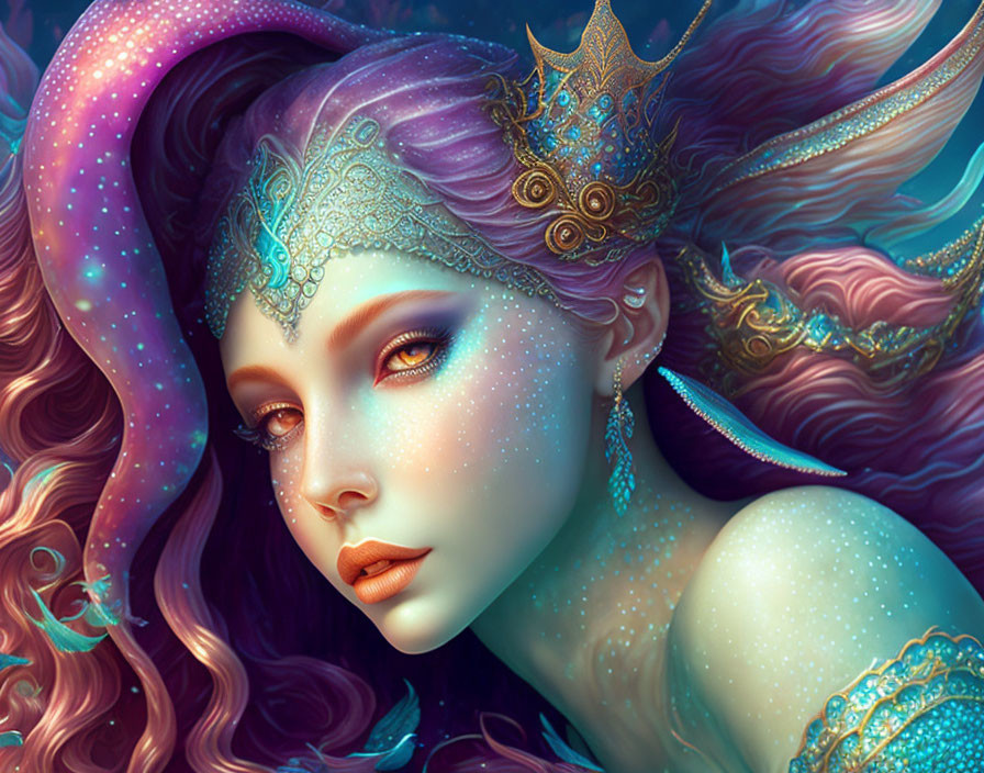 Fantasy digital artwork of a female with sparkling crown and vibrant hair